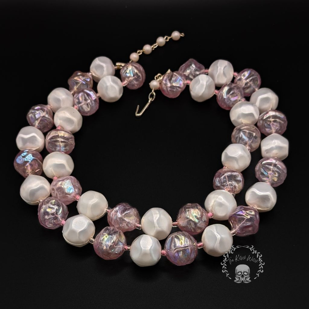 SIGNED Vintage Pink and White Bubble Bead Necklace